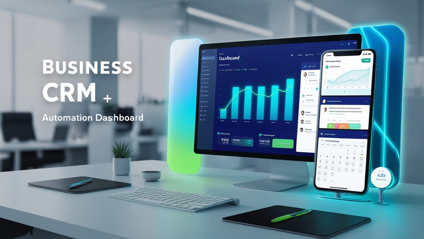 Futuristic business dashboard interface featuring vibrant elements like interactive graphs, lead tracking pipelines, and a calendar, designed with blue and neon green highlights. The layout incorporates sleek gradients, glassmorphism effects, and a professional, user-friendly design. A blurred, minimalistic office background enhances the focus on the dashboard.